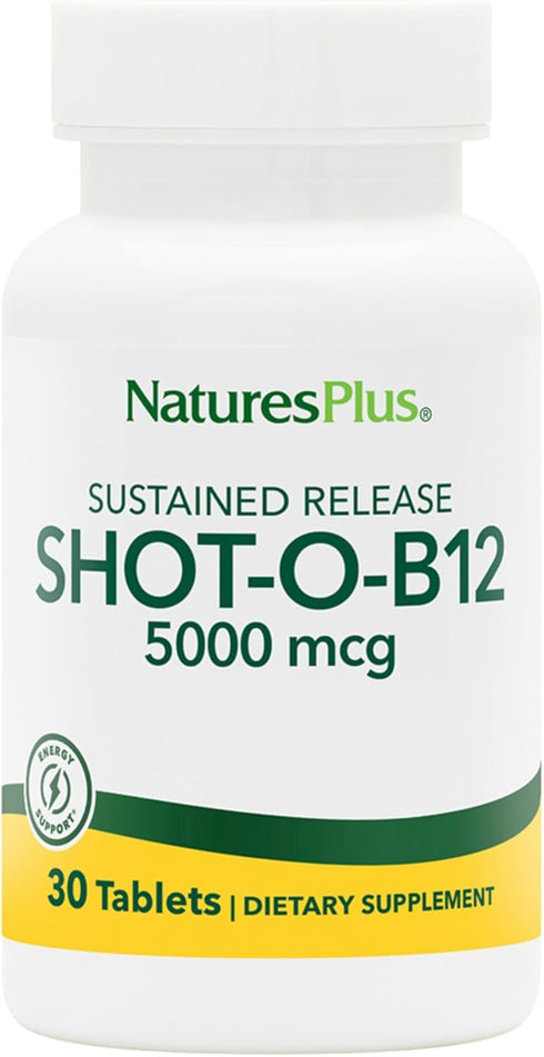 NaturesPlus Shot-O-B12, 30 Vegetarian Tablets - 5000 mcg Methylcobalamin, High Potency B12 Supplement