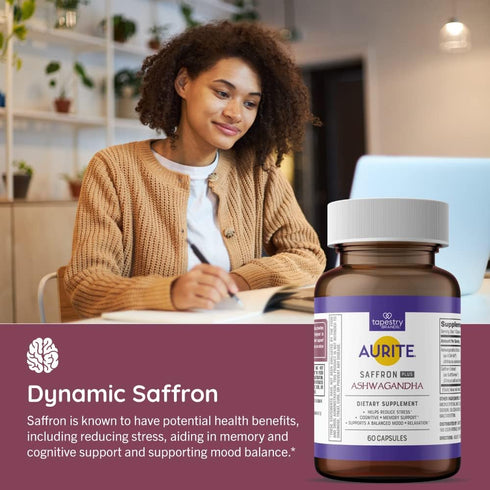Saffron Ashwagandha Supplement for Stress Management, Mood Support, Long-Term Memory - 60 Count, Vegetarian Friendly