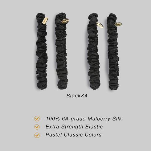Silk Scrunchies for Women, Small Black, Pure Mulberry Silk Hair Ties, 22 Momme, Pack of 4