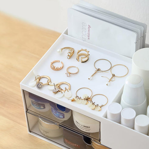 White Makeup Organizer, 2 Drawers, 4 Compartments, Cosmetics Storage Box for Nail Polish, Lipstick, Brushes, Jewelry,