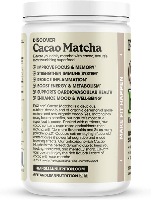Fit & Lean Cacao Matcha Green Tea Powder, Organic, Japanese Ceremonial Grade, Superfood, Antioxidants, Energy, Mood,105 Grams, 30 Servings