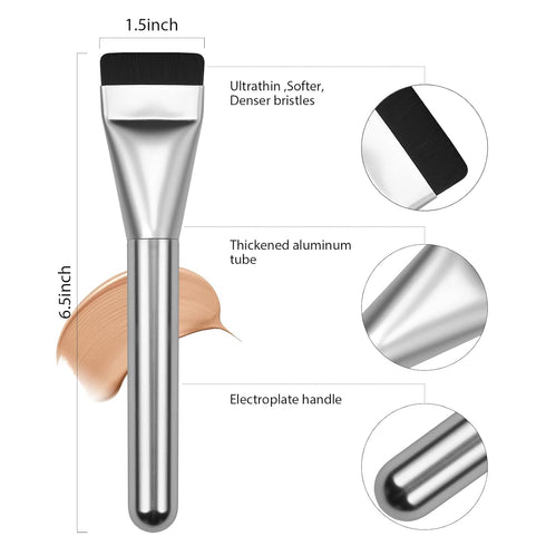 Ultrathin Foundation Brush for Liquid Makeup - Premium Flat Spatula Brush for Blending Cream (Silver)