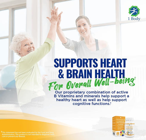 1 Body Vitamin B Complex Twin Pack – 5-MTHF Folate with B1, B2, B5, B6, Methyl B12, Niacin, Biotin – 60 Capsules Each.