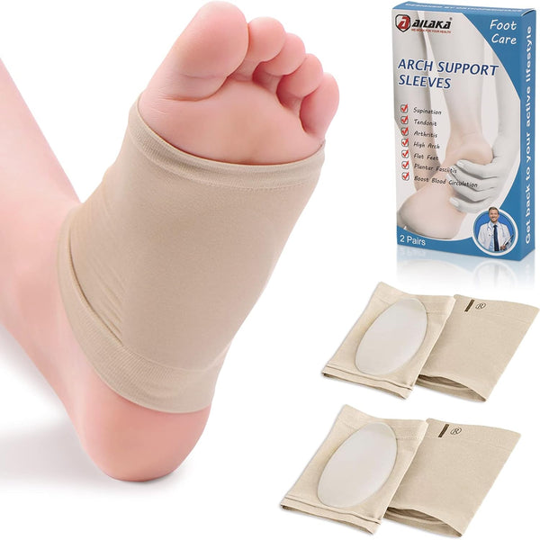 Ailaka 2 Pairs Compression Arch Support Sleeves, Cushioned Braces Gel Pads for Flat Foot Pain Relief Plantar Fasciitis