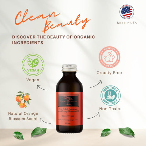 Karma Organic Nail Polish Remover with Soybean Oil and Orange Blossom Oil, Non Toxic, Vegan, 4 fl. Oz