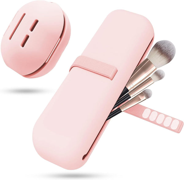 2 x Portable Cosmetic Bag with Adhesive Tape, Silicone Makeup Brush Holder & Sponge Holder, Light Pink