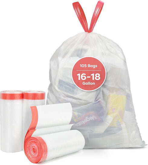 Holuwiso Pre-Separated 16-18 Gallon Trash Bags Drawstring, Clear, Size M, Tear Free Large