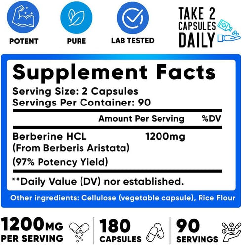 We Like Vitamins Berberine 1200mg Pure Max Strength, 180 Gluten-Free Vegetarian Capsules