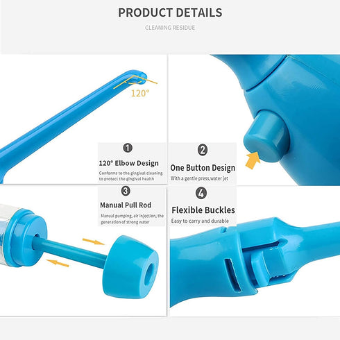 Portable Water Dental Flosser, Non-Electric Oral Irrigator, Cordless Manual Air Pressure for Home and Travel, Blue