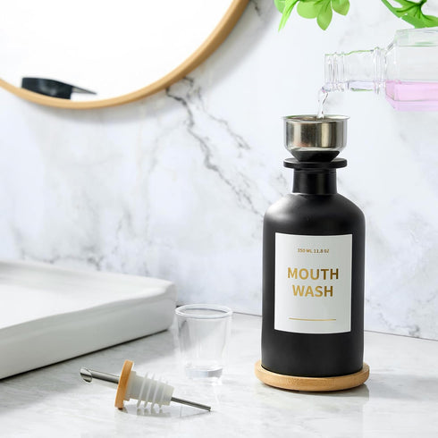 MUVEKA 11.8oz Glass Mouthwash Dispenser for Bathroom, Mouthwash Holder with Stianless Steel Spouts, Mouthwash Decanter