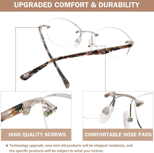 AQWANO Rimless Computer Reading Glasses for Women, Fashion Designer Blue Light Blocking with UV400 Protect Clear Lens