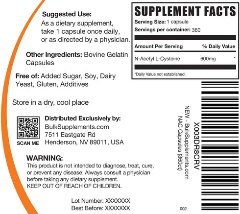 BulkSupplements.com N-Acetyl L-Cysteine Capsules - 360 Capsules - 600mg N-Acetyl Cysteine, Gluten Free, 1 NAC Capsule