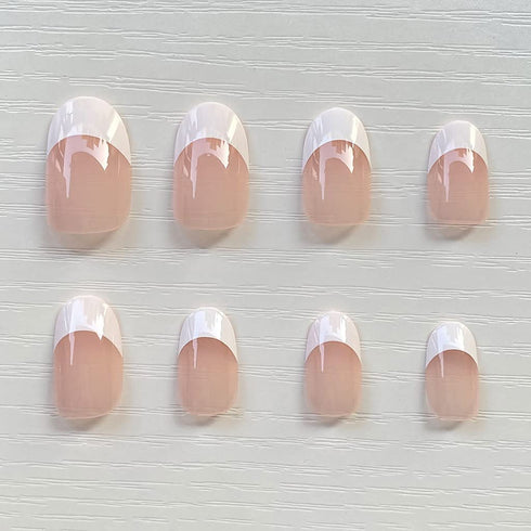 RikView French Press on Nails, Oval Glossy Fake Nails Short White False Nails Full Cover Prom Nails for Women and Girls