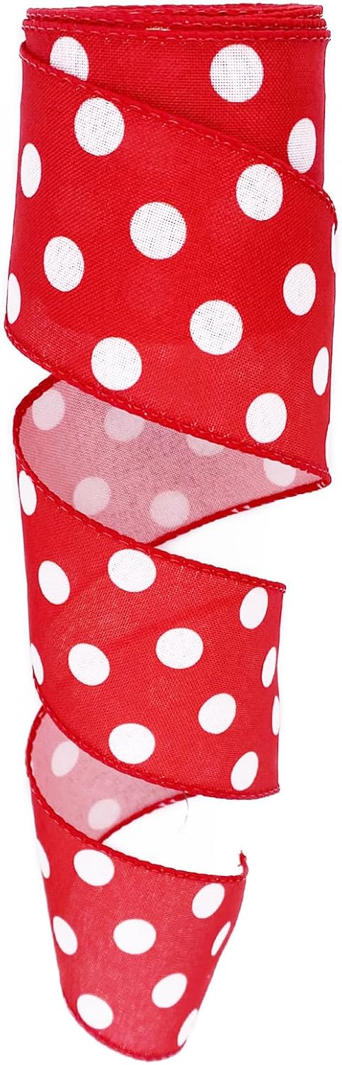 Christmas Wired Ribbon - 2 1/2” x 10 Yard - Red White Polka Dots for Gift Wrapping, Wreaths, Baby Showers, Birthdays.