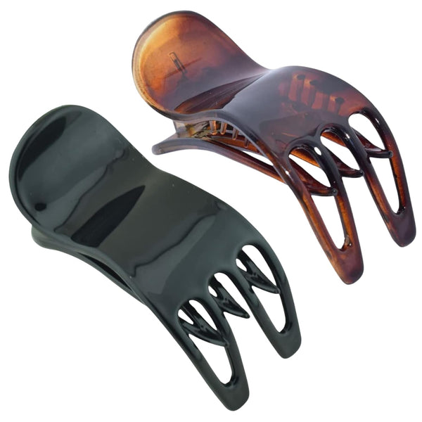 Parcelona French Simply Bear Paw Medium 3” Set of 2 Celluloid Hair Claw Clips for Women and Girls - Black-Tortoise Shell