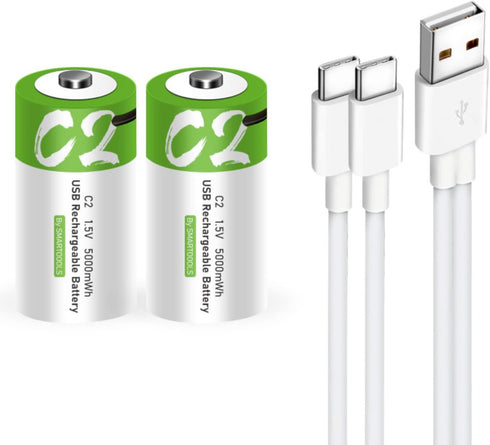 C Size Rechargeable Batteries - 2 Pack 5000mWh Lithium ion 1.5V with USB A to Type C Charger