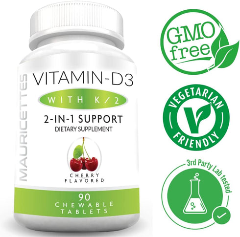 Chewable Vitamin D3 with K2, 2-in-1 Bone & Heart Health Support, Immune Booster, Natural Cherry Flavor, 90 Tablets