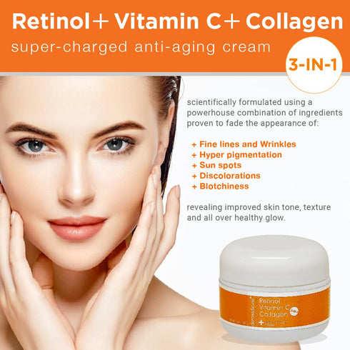 Super Charged Anti-Aging Cream for Face | Vitamin C + Retinol + Collagen | 1 oz | Pharmaceutical Grade Quality