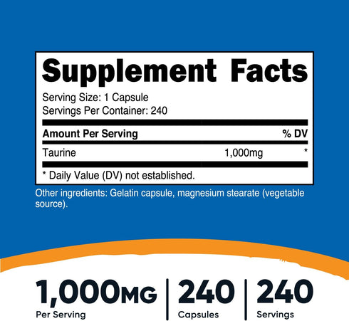 Nutricost Taurine 1000mg Capsules Supplement, 240 Capsules Per Bottle, Non-GMO & Gluten Free