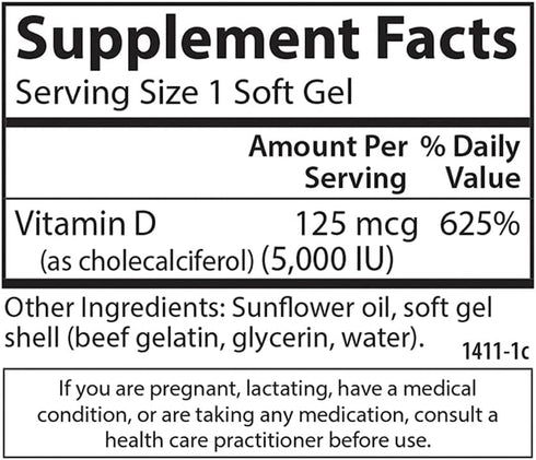Carlson Vitamin D3 5000 IU - 120 Softgels for Bone and Muscle Health