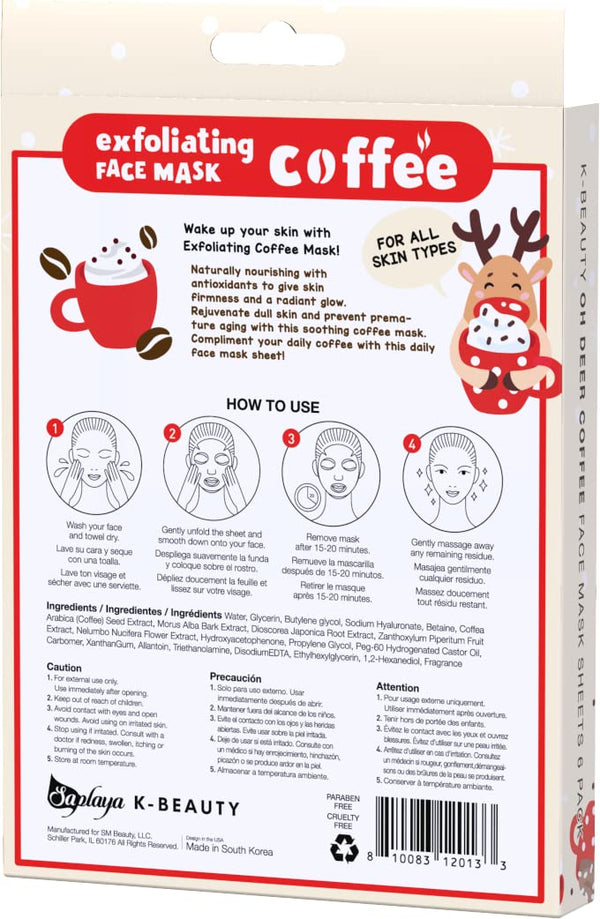 Oh My Deer Exfoliating Coffee Holiday Pack - K-Beauty Facial Skincare Multi-Pack Face Sheet Masks Made in South Korea