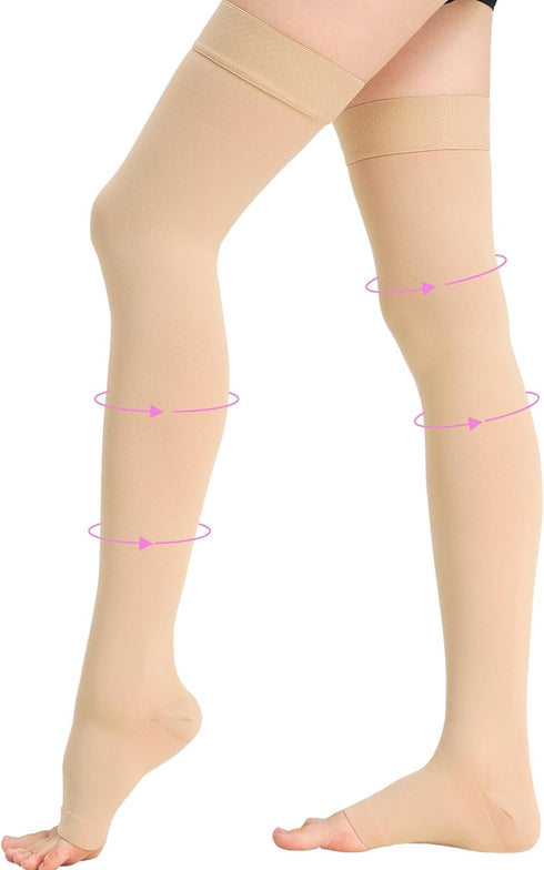 NOMIYEI 20-30 mmHg Thigh High Compression Stockings for Women, Open Toe with Stay-Up