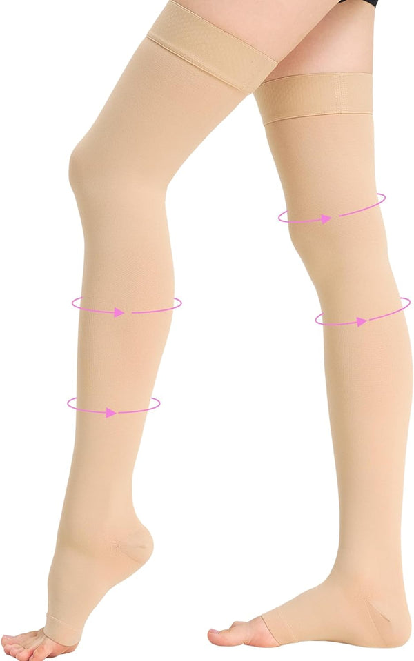 NOMIYEI 20-30 mmHg Thigh High Compression Stockings for Women, Open Toe with Stay-Up