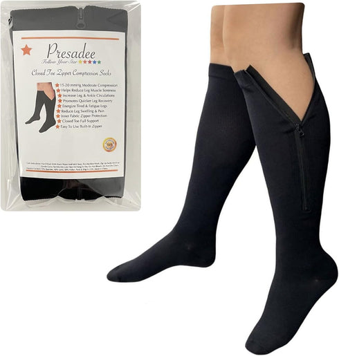 Closed Toe 15-20 mmHg Zipper Moderate Compression Leg Circulation Socks (Black, 3XL)
