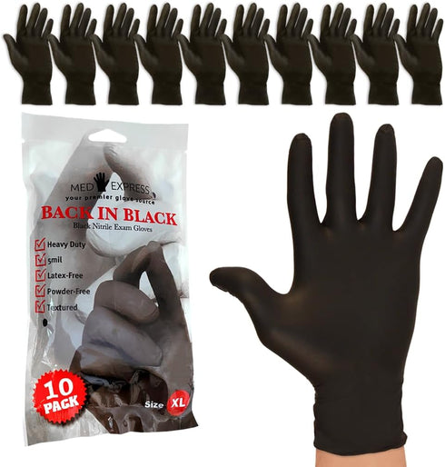Med Express Nitrile Exam Gloves Black | 5 Mil Thick Nitrile Gloves | Latex-Free, Powder Free | Textured | Heavy Duty Black Nitrile Gloves XL 10 Pack