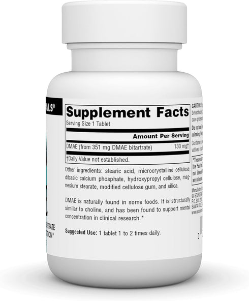 Source Naturals DMAE, Dimethylaminoethanol Bitartrate - Supports Mental Concentration - 50 Tablets