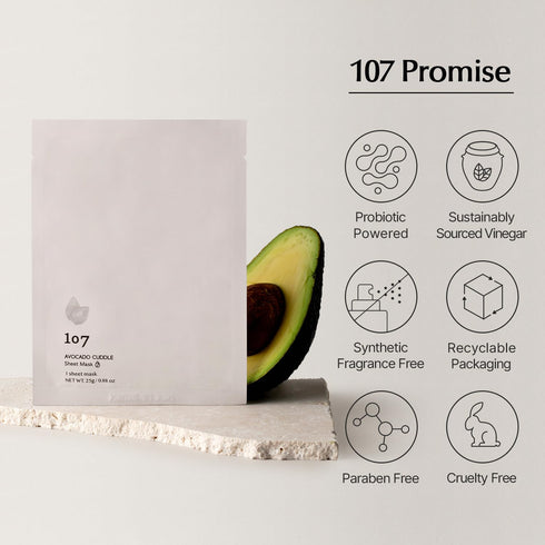 107 Avocado Cuddle Sheet Mask Pack of 5, Korean Facial Mask for Moisturizing and Hydrating Skin Care
