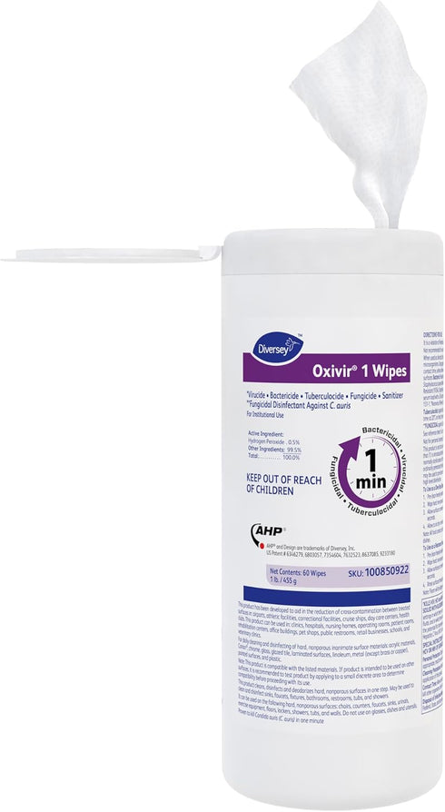 Diversey Oxivir 1 100850922 Ready-To-Use Disinfectant Cleaning Wipes, Accelerated Hydrogen Peroxide, No Fragrance Added, 7x8-Inch Size Sheets, 60-Wipes, 1 Canister