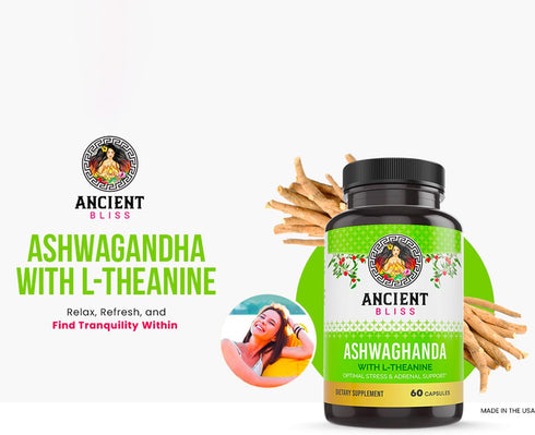 Ancient Bliss Ashwagandha with L-Theanine & Black Pepper Extract Capsules, Energy & Natural Mood Support Supplement, Focus Supplement for Adults