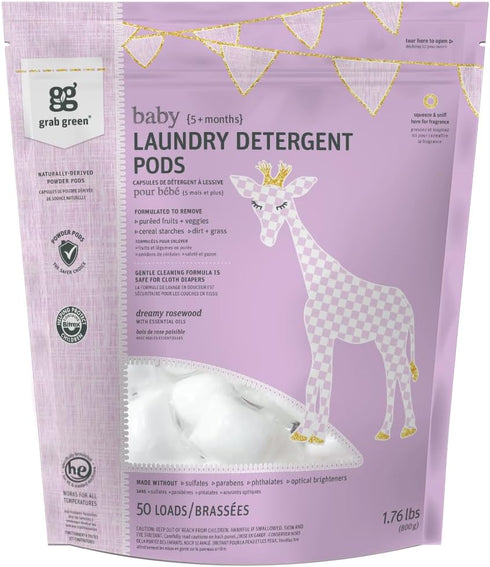 Grab Green Baby Laundry Detergent Pods, 50 Count, Dreamy Rosewood, Plant and Mineral Based for Baby Stains