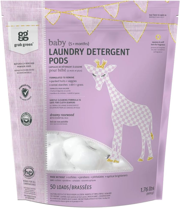 Grab Green Baby Laundry Detergent Pods, 50 Count, Dreamy Rosewood, Plant and Mineral Based for Baby Stains