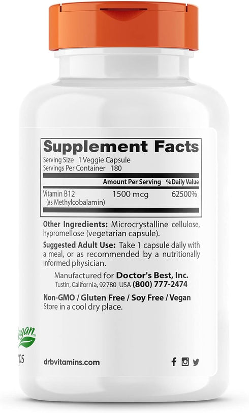 Doctor's Best Fully Active B12 1500 Mcg, Supports Energy, Mood, Circulation, Non-GMO, Vegan, Gluten Free, 180 Count