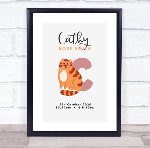 The Card Zoo New Baby Birth Details Christening Nursery Initial C Cat Keepsake Gift Print