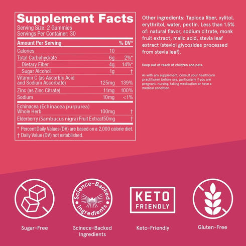 Bulletproof Sugar-Free Raspberry Elderberry Gummies, 60 Count, Keto Immune Support Supplement