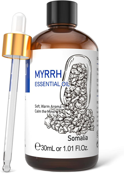 HIQILI Myrrh Essential Oil, 100% Pure & Natural for Skin, Massage, Pain Relief - 1.01 Fl Oz