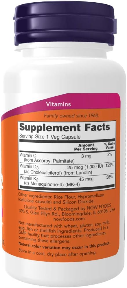 Now Foods Vitamin D-3 & K-2, 120 Veg Capsules, 2 Pack