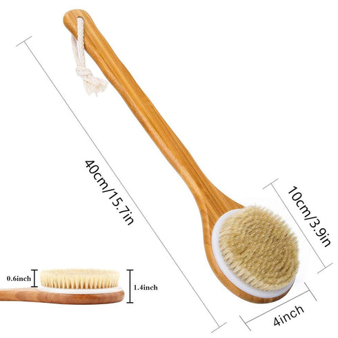 Shower Brush with Natural Bristle, Long Bamboo Handle Bath Body Brush for Wet or Dry Brushing