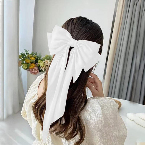 Large Hair Bow Clips for Women Girls, Silky Satin Hair Barrettes with Long Ribbon Tail, White Hair Bows Slides