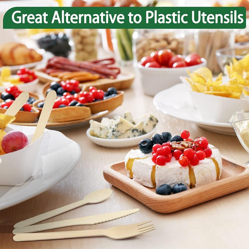 LotFancy Disposable Wooden Cutlery Set, Pack of 200 (100 Forks, 50 Spoons, 50 Knives), Eco-Friendly