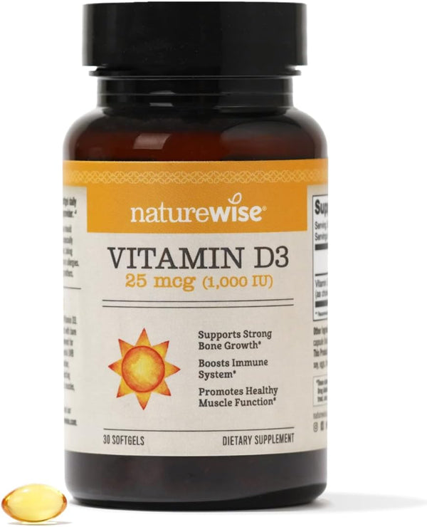 NatureWise Vitamin D3 1000iu (25 mcg) 30 Count for Healthy Muscle Function, Bone Health, Immune Support, Non-GMO,