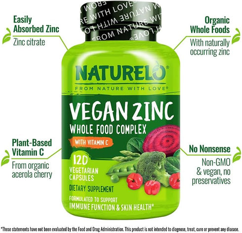 NATURELO Vegan Zinc Immune Support Capsules, Whole Food Complex with Vitamin C, 120 Capsules