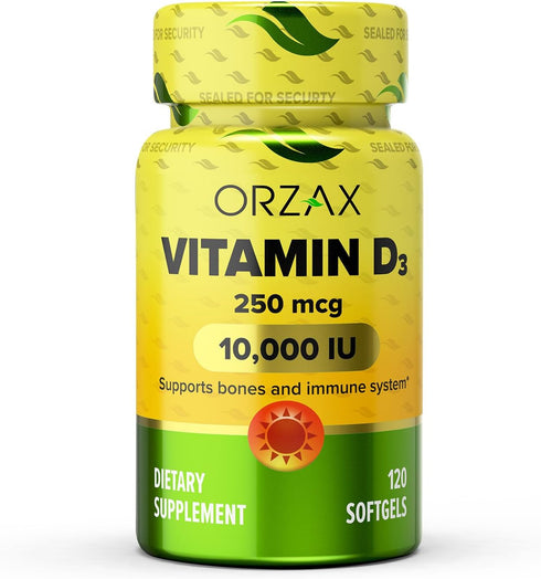 ORZAX Vitamin D3 10000 iu (250 mcg), 1 Year Supply for Strong Muscle Function & Immune Support, Mood Supplement for
