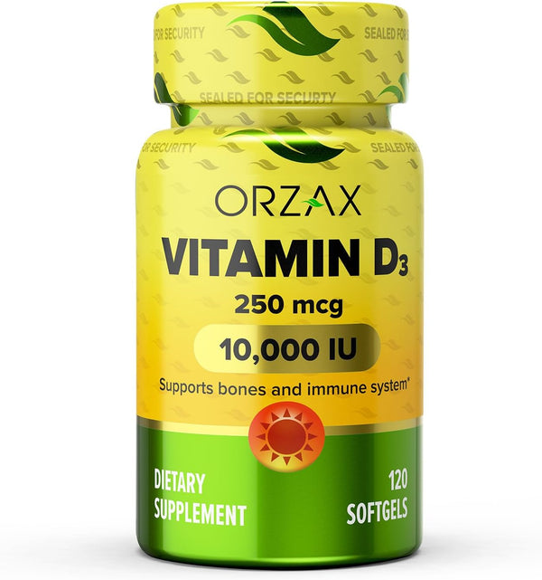 ORZAX Vitamin D3 10000 iu (250 mcg), 1 Year Supply for Strong Muscle Function & Immune Support, Mood Supplement for