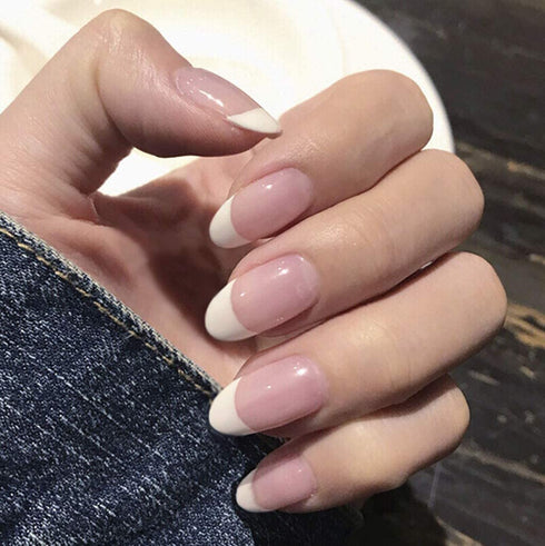 RikView French Press on Nails, Oval Glossy Fake Nails Short White False Nails Full Cover Prom Nails for Women and Girls