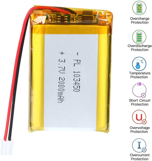 3.7V 103450 2000mAh Lipo Battery, Rechargeable Lithium Polymer Ion with JST Connector, Replace 103454 963450