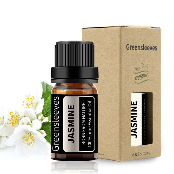 GREENSLEEVES Jasmine Essential Oil 0.33 Fl Oz - 100% Pure Organic for Diffuser, Humidifiers, Soap Making